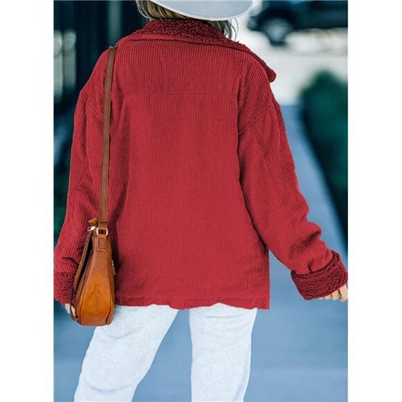 Women's Corduroy Sherpa Jacket Button Down Fleece Fur Collar Winter Coat - Picture 4 of 7